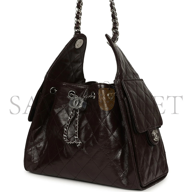CHANEL MASTER SMALL 25 HOBO BAG DARK BROWN SHINY AGED CALFSKIN SILVER HARDWARE AS5293  (30*26*14cm)